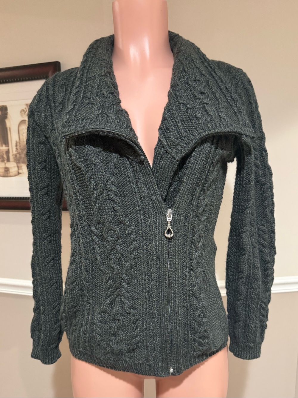Womens Cable Knit Zip-Up Cardigan Sweater - Dark Charcoal